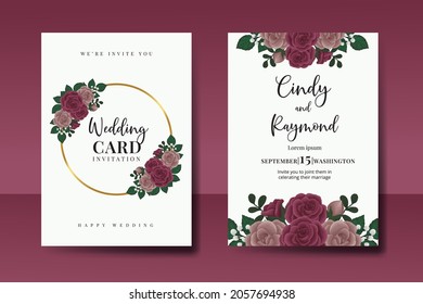 Wedding invitation frame set, floral watercolor Digital hand drawn Maroon Rose Flower design Invitation Card Template