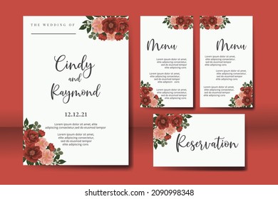 Wedding invitation frame set, floral watercolor Digital hand drawn red camellia Flower design Invitation Card Template