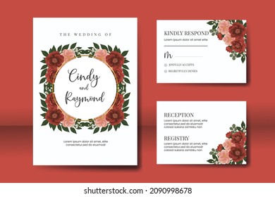 Wedding invitation frame set, floral watercolor Digital hand drawn red camellia Flower design Invitation Card Template