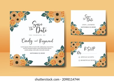 Wedding invitation frame set, floral watercolor Digital hand drawn Orange Rose and Anemone Flower design Invitation Card Template
