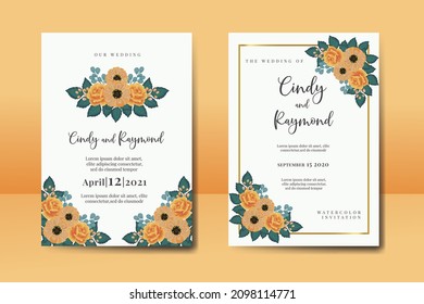 Wedding invitation frame set, floral watercolor Digital hand drawn Orange Rose and Anemone Flower design Invitation Card Template