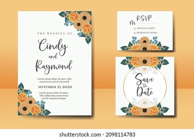 Wedding invitation frame set, floral watercolor Digital hand drawn Orange Rose and Anemone Flower design Invitation Card Template