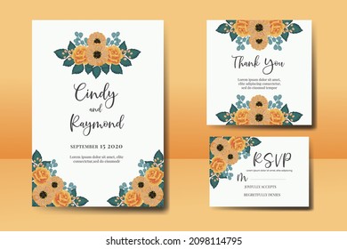 Wedding invitation frame set, floral watercolor Digital hand drawn Orange Rose and Anemone Flower design Invitation Card Template