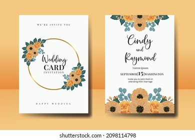 Wedding invitation frame set, floral watercolor Digital hand drawn Orange Rose and Anemone Flower design Invitation Card Template