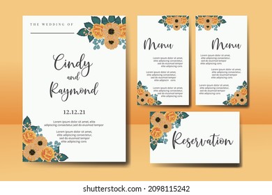 Wedding invitation frame set, floral watercolor Digital hand drawn Orange Rose and Anemone Flower design Invitation Card Template