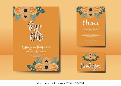 Wedding invitation frame set, floral watercolor Digital hand drawn Orange Rose and Anemone Flower design Invitation Card Template