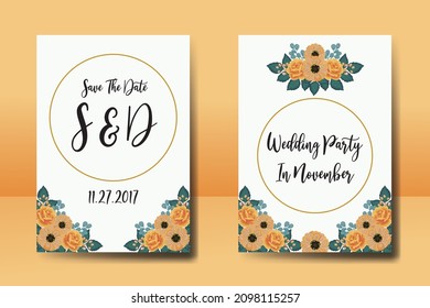 Wedding invitation frame set, floral watercolor Digital hand drawn Orange Rose and Anemone Flower design Invitation Card Template