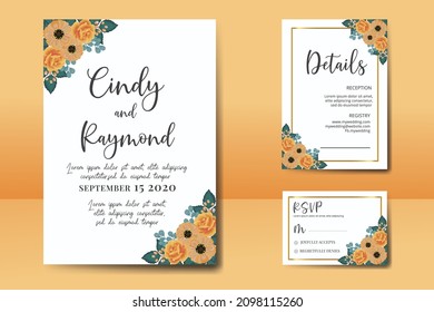 Juego de marcos de invitación de boda, acuarela floral Color de la invitación Dibujado a mano Digital Rosa Naranja y Modelo de tarjeta de invitación de flor anémona