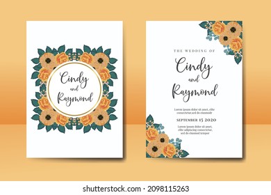 Wedding invitation frame set, floral watercolor Digital hand drawn Orange Rose and Anemone Flower design Invitation Card Template