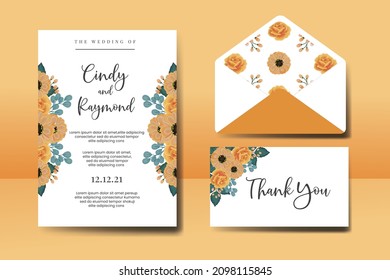 Wedding invitation frame set, floral watercolor Digital hand drawn Orange Rose and Anemone Flower design Invitation Card Template
