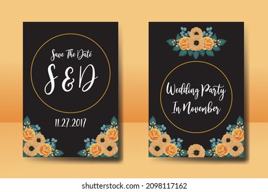 Wedding invitation frame set, floral watercolor Digital hand drawn Orange Rose and Anemone Flower design Invitation Card Template