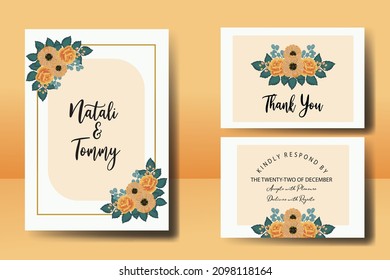 Wedding invitation frame set, floral watercolor Digital hand drawn Orange Rose and Anemone Flower design Invitation Card Template