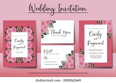 Wedding invitation frame set, floral watercolor Digital hand drawn Pink Dahlia Flower design Invitation Card Template