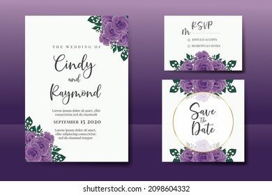 Wedding invitation frame set, floral watercolor Digital hand drawn Purple Rose Flower design Invitation Card Template