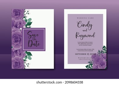 Wedding invitation frame set, floral watercolor Digital hand drawn Purple Rose Flower design Invitation Card Template