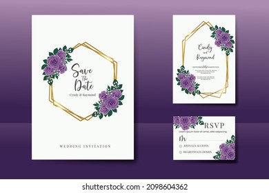 Wedding invitation frame set, floral watercolor Digital hand drawn Purple Rose Flower design Invitation Card Template