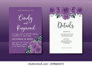 Juego de marcos de invitación de boda, acuarela floral Color de la invitación Dibujo a mano Digital Modelo de tarjeta de invitación de flor rosa púrpura