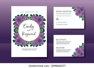 Wedding invitation frame set, floral watercolor Digital hand drawn Purple Rose Flower design Invitation Card Template