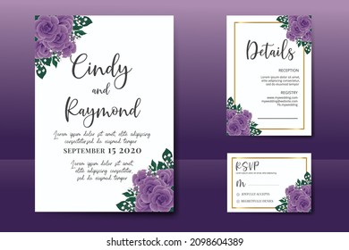 Wedding invitation frame set, floral watercolor Digital hand drawn Purple Rose Flower design Invitation Card Template