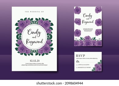 Wedding invitation frame set, floral watercolor Digital hand drawn Purple Rose Flower design Invitation Card Template