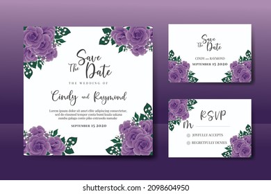 Wedding invitation frame set, floral watercolor Digital hand drawn Purple Rose Flower design Invitation Card Template