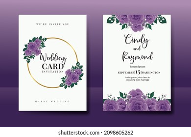 Wedding invitation frame set, floral watercolor Digital hand drawn Purple Rose Flower design Invitation Card Template