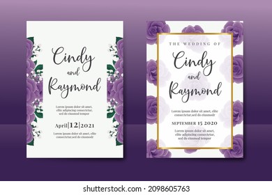 Wedding invitation frame set, floral watercolor Digital hand drawn Purple Rose Flower design Invitation Card Template