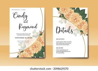 Wedding invitation frame set, floral watercolor Digital hand drawn Orange Dahlia Flower design Invitation Card Template