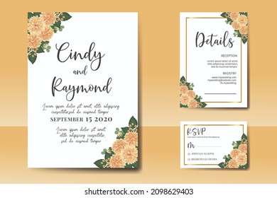 Wedding invitation frame set, floral watercolor Digital hand drawn Orange Dahlia Flower design Invitation Card Template