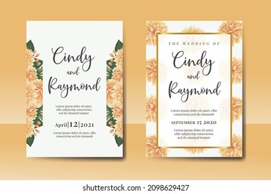 Wedding invitation frame set, floral watercolor Digital hand drawn Orange Dahlia Flower design Invitation Card Template