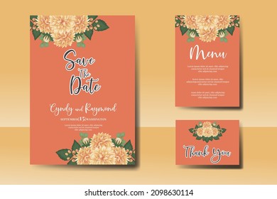 Wedding invitation frame set, floral watercolor Digital hand drawn Orange Dahlia Flower design Invitation Card Template