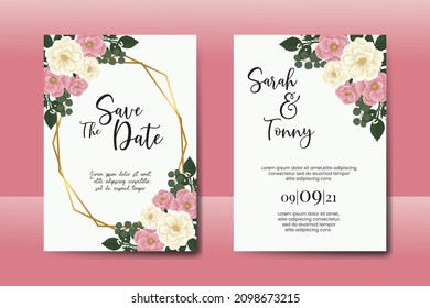 Wedding invitation frame set, floral watercolor Digital hand drawn Pink Mini Rose flower design Invitation Card Template