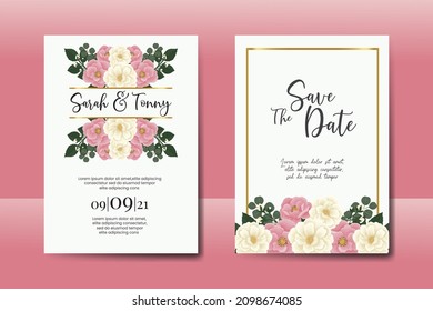 Juego de marcos de invitación de matrimonio, acuarela floral Dibujo a mano Digital Mini diseño de flor Rosa Plantilla de tarjeta de invitación