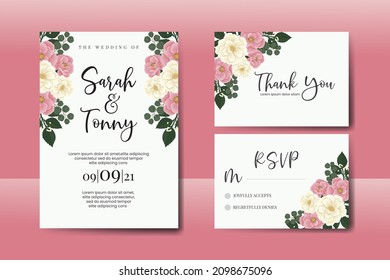 Wedding invitation frame set, floral watercolor Digital hand drawn Pink Mini Rose flower design Invitation Card Template