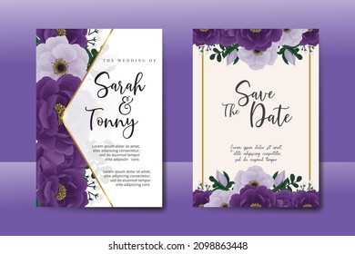 Wedding invitation frame set, floral watercolor Digital hand drawn Purple Peony flower design Invitation Card Template svg