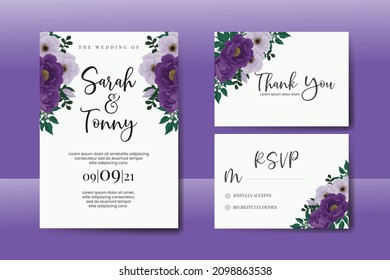 Wedding invitation frame set, floral watercolor Digital hand drawn Purple Peony flower design Invitation Card Template svg