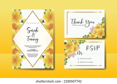 Wedding invitation frame set, floral watercolor Digital hand drawn Yellow Hibiscus flower design Invitation Card Template