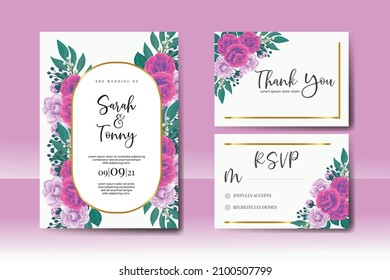 Juego de marcos de invitación de boda, acuarela floral Color digital Dibujado a mano digital Rose con diseño de flor Camellia Plantilla de tarjeta de invitación