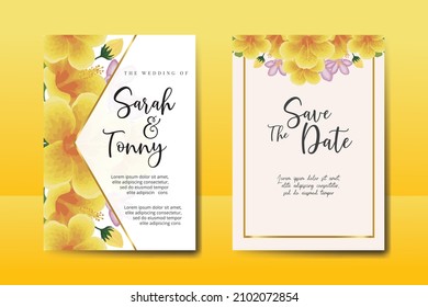 Wedding invitation frame set, floral watercolor Digital hand drawn Yellow Hibiscus flower design Invitation Card Template