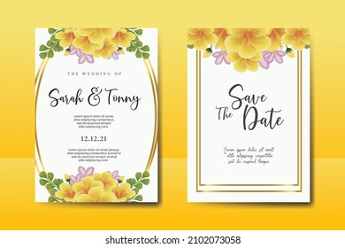 Juego de marcos de invitación a la boda, acuarela floral Color de la invitación Dibujo a mano Amarillo diseño de flor Hibiscus Plantilla de tarjeta de invitación