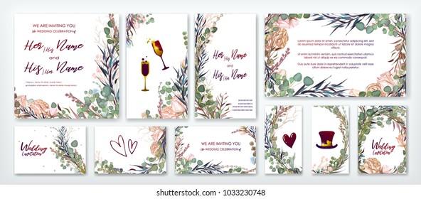 	
Wedding invitation frame set; flowers, leaves, watercolor, isolated on white. Sketched wreath, floral, herbs garland, green, greenery color. Handdrawn Vector Watercolour style,nature art, background