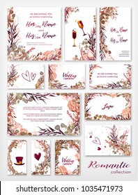 	
Wedding invitation frame set; flowers, leaves, watercolor, isolated on white. Sketched wreath, floral, herbs garland, green, greenery color. Handdrawn Vector Watercolour style,nature art, background