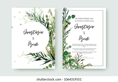 Wedding invitation frame set; flowers, leaves, watercolor, isolated on white. Sketched wreath, floral and herbs garland with green, greenery color. Handdrawn Vector Watercolour style, nature art.