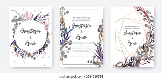 Wedding invitation frame set; flowers, leaves, watercolor, isolated on white. Sketched wreath, floral and herbs garland with green, greenery color. Handdrawn Vector Watercolour style, nature art.