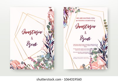 Wedding Invitation Frame Set; Flowers, Leaves, Watercolor, Isolated On White. Sketched Wreath, Floral And Herbs Garland With Green, Greenery Color. Handdrawn Vector Watercolour Style, Nature Art.