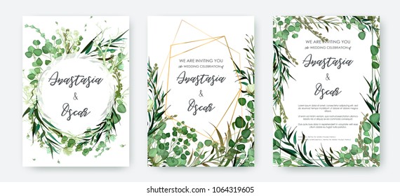 Wedding invitation frame set; flowers, leaves, watercolor, isolated on white. Sketched wreath, floral and herbs garland with green, greenery color. Handdrawn Vector Watercolour style, nature art.