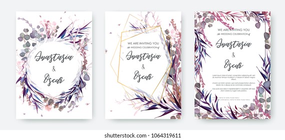 Wedding invitation frame set; flowers, leaves, watercolor, isolated on white. Sketched wreath, floral and herbs garland with green, greenery color. Handdrawn Vector Watercolour style, nature art.