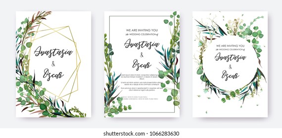 Wedding invitation frame set; flowers, leaves, watercolor, isolated on white. Sketched wreath, floral and herbs garland with green, greenery color. Handdrawn Vector Watercolour style, nature art.