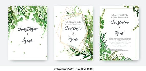 Wedding invitation frame set; flowers, leaves, watercolor, isolated on white. Sketched wreath, floral and herbs garland with green, greenery color. Handdrawn Vector Watercolour style, nature art.