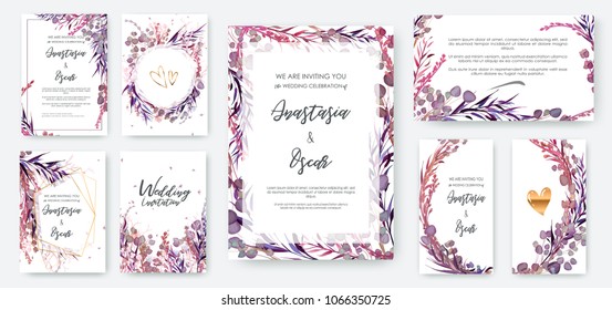 Wedding invitation frame set; flowers, leaves, watercolor, isolated on white. Sketched wreath, floral and herbs garland with green, greenery color. Handdrawn Vector Watercolour style, nature art.